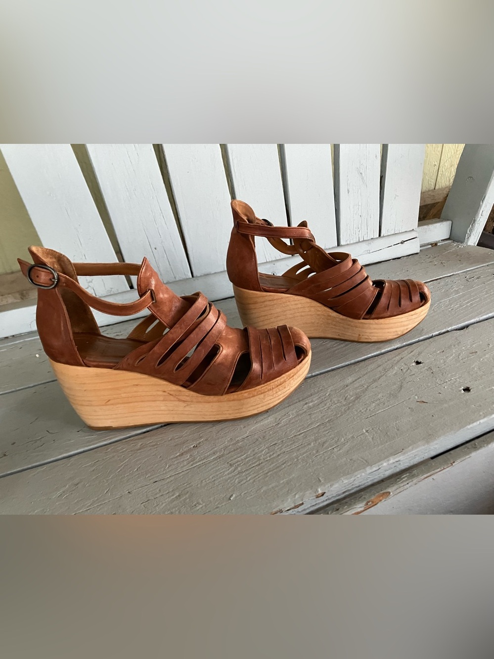 COCLICO Soft Brown Leather Strappy Wedge Sandals Wood Clog - Picture 10 of 15